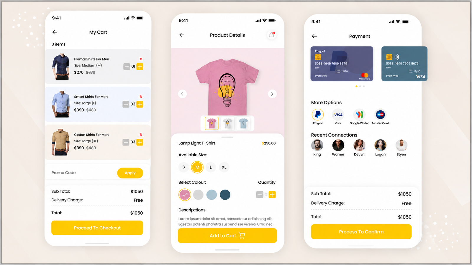 E-commerce mobile app UI showing three smartphone screens for My Cart, Product Details, and Payment, with clothing products, shopping cart totals, payment methods, recent connections, and yellow checkout buttons.