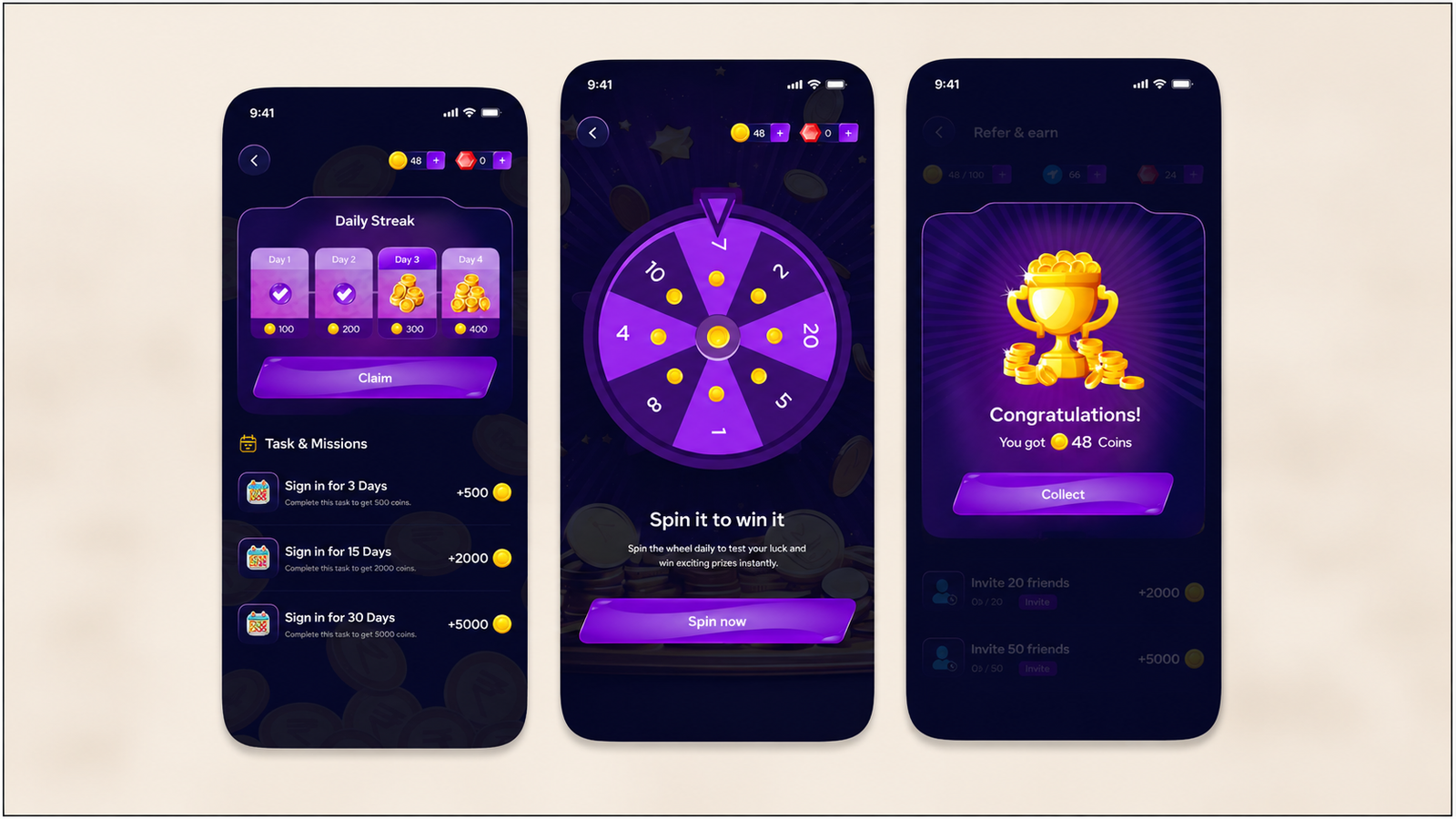 Mobile app gamification interface showing daily streak rewards, task missions, a spin-to-win prize wheel, virtual coins, and a congratulatory reward collection screen.