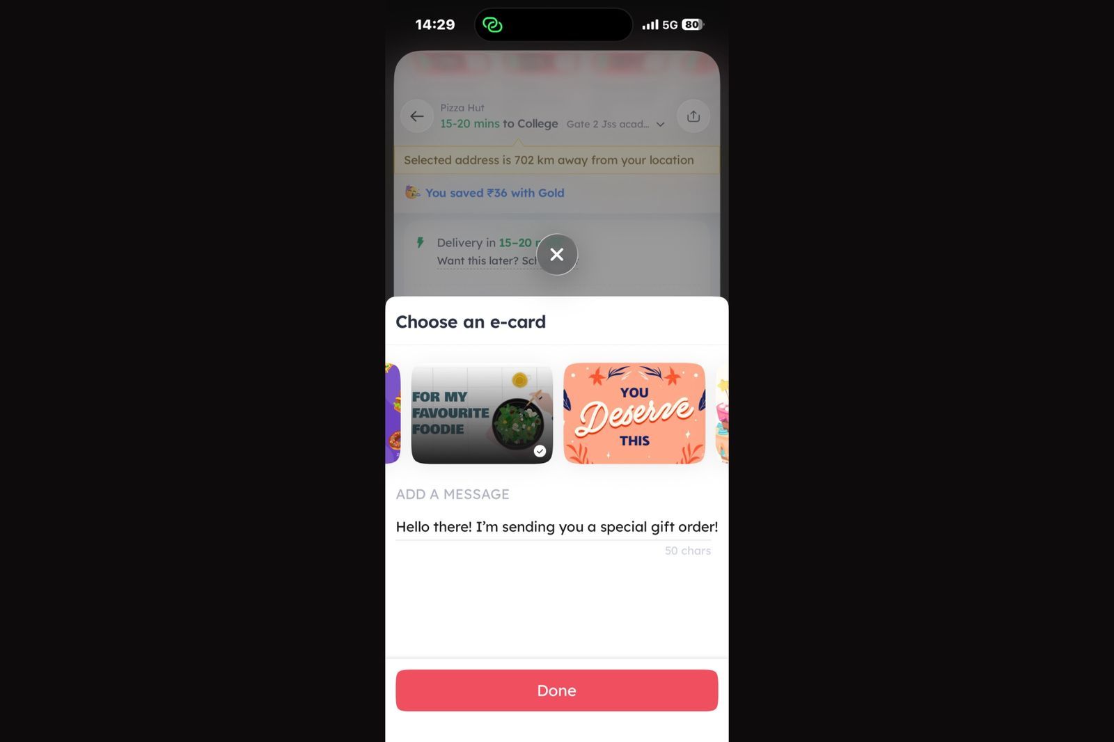 Zomato checkout prompt introducing the option to order food for someone else.