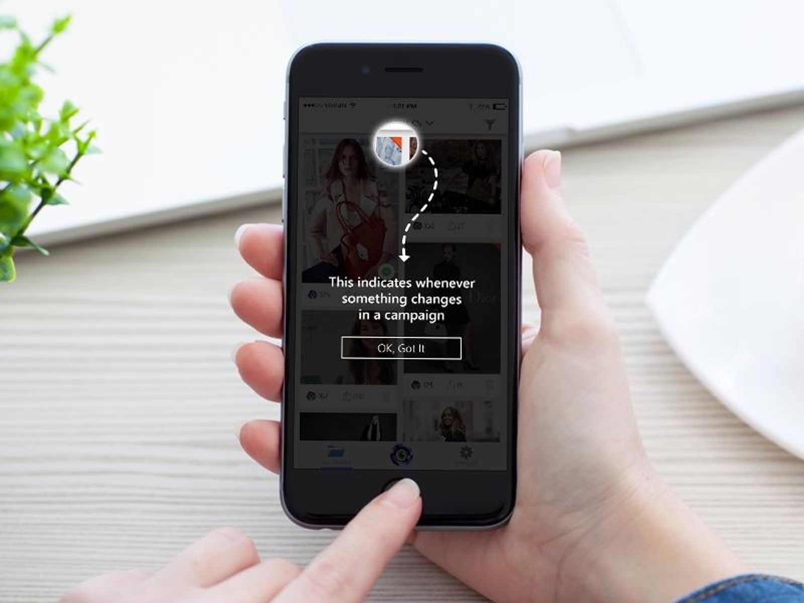 Mobile app interface showing a contextual tooltip coachmark guiding users toward a specific feature.