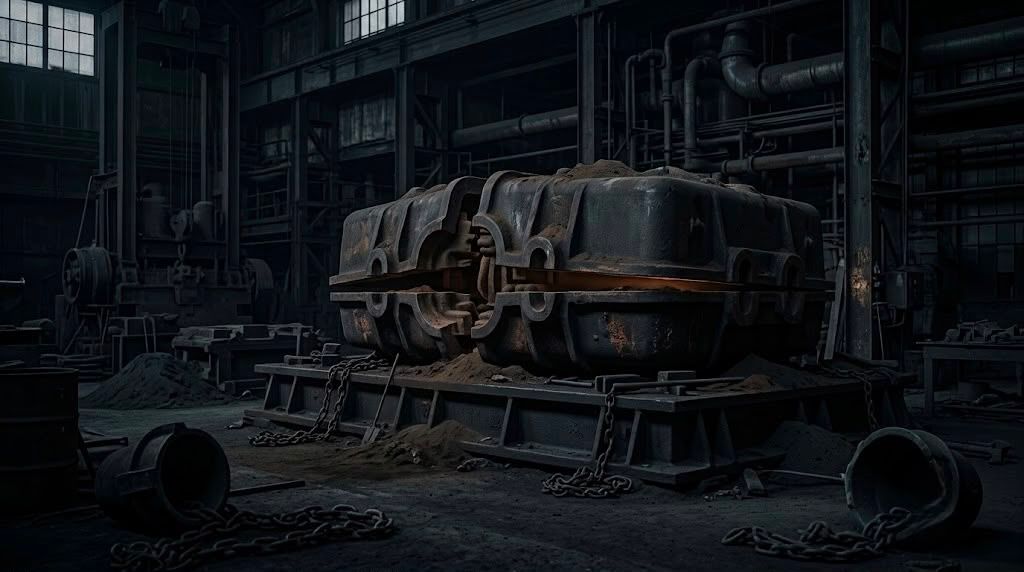 A dark, atmospheric industrial workshop containing a large, heavily weathered metal machine component resting on a steel platform, surrounded by chains, pipes, machinery, and scattered industrial debris.
