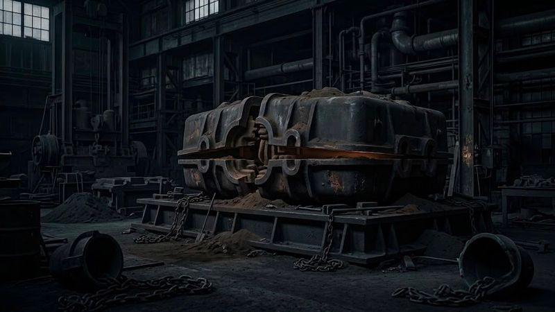 A dark, atmospheric industrial workshop containing a large, heavily weathered metal machine component resting on a steel platform, surrounded by chains, pipes, machinery, and scattered industrial debris.