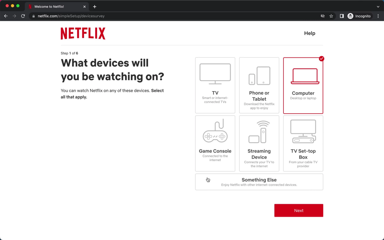 Netflix onboarding screen asking users which devices they plan to use for streaming, with options including TV, phone or tablet, computer, game console, streaming device, and TV set-top box, as part of the account setup process.