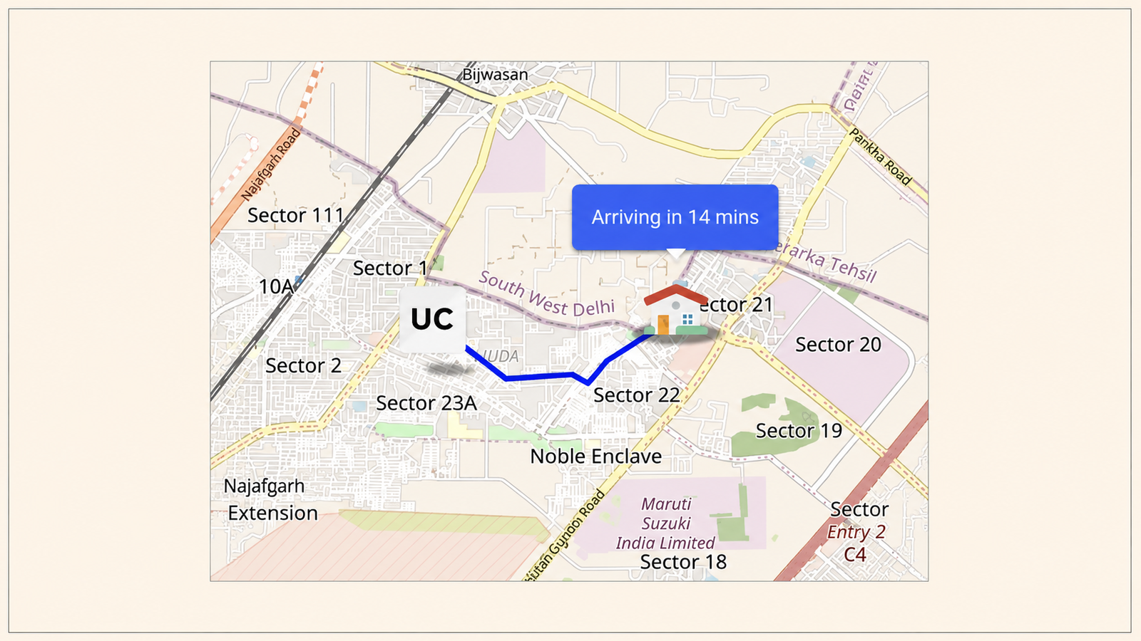 **Alt text:** A map interface showing a service professional's live route from a **UC** location to the customer's home. A blue navigation path connects the starting point to a house icon, while a blue callout displays **"Arriving in 14 mins."** The map includes nearby roads, sectors, and neighborhood labels, providing a real-time estimated arrival update.