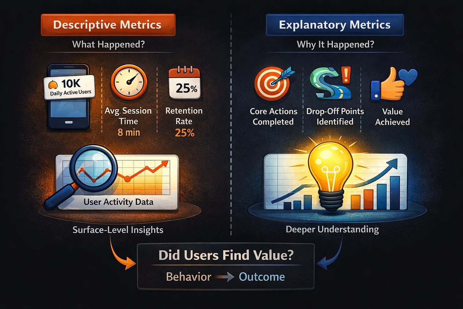 Infographic comparing Descriptive and Explanatory Metrics with graphs, icons, and text on user activity, session time, and value achieved.