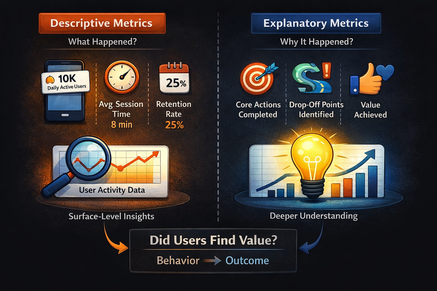 Infographic comparing Descriptive and Explanatory Metrics with graphs, icons, and text on user activity, session time, and value achieved.