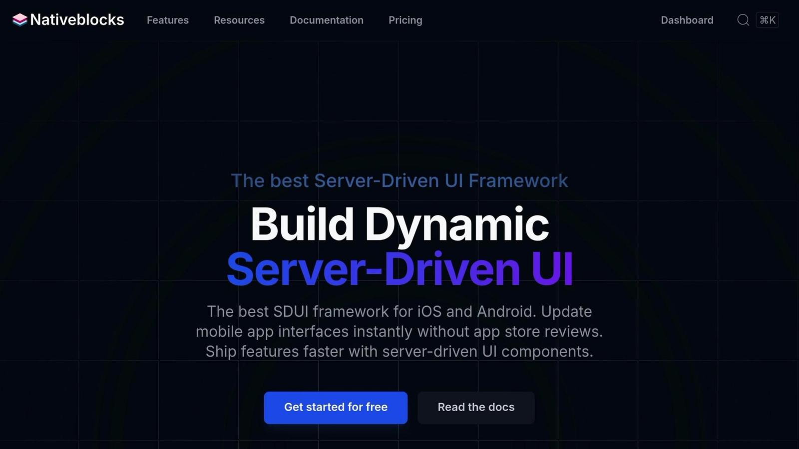 Hero section of a server-driven UI framework website with the headline “Build Dynamic Server-Driven UI,” highlighting instant updates without app store reviews and buttons for “Get started for free” and “Read the docs.”