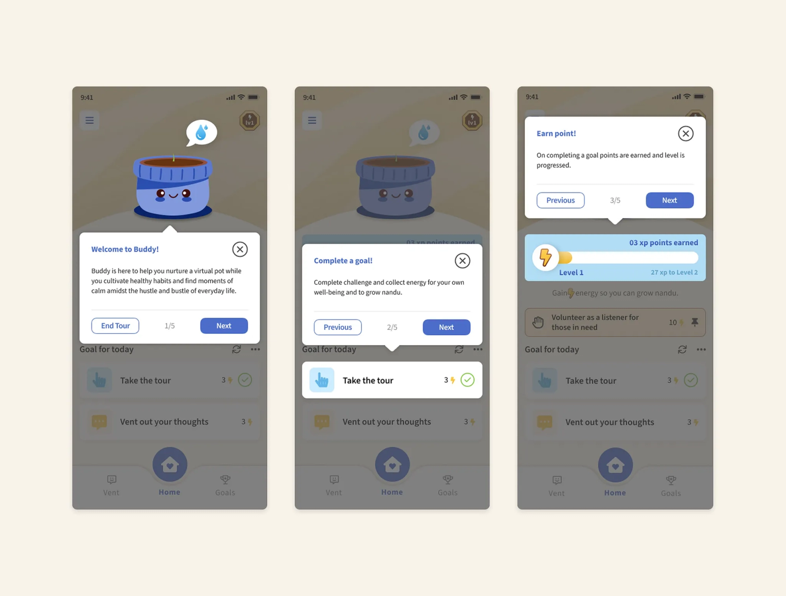 Interactive mobile app onboarding walkthrough with guided tooltips and step-by-step user instructions.