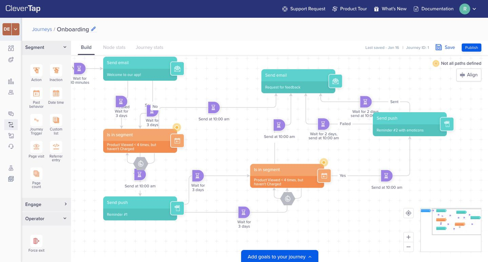 CleverTap journey builder interface showing behavioral triggers, audience segmentation, and automated customer lifecycle flows.