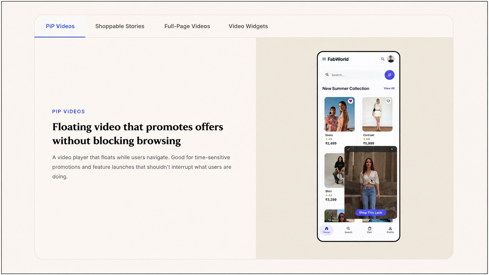 Digia Engage in-app video examples showing PiP Videos, Shoppable Stories, Full-Page Videos, and Video Widgets. The featured mobile screen displays a floating video player promoting a fashion product while users continue browsing the app.