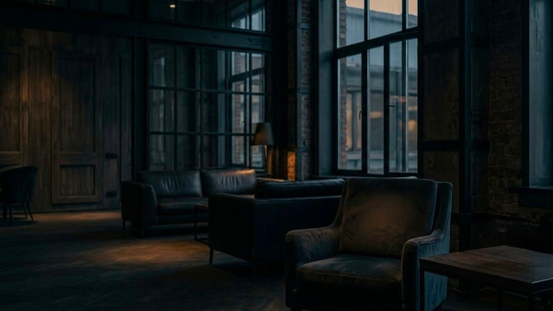 A dark, minimalist scene showing a glowing, arched doorway with a shadowy figure standing inside, partially reflected on a glossy floor, creating a mysterious and atmospheric mood.