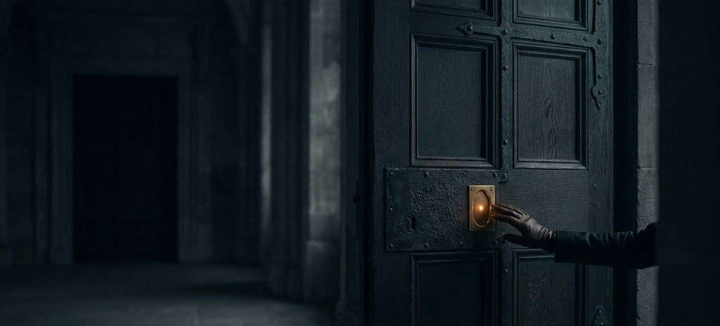 A dark, minimalist scene showing a glowing, arched doorway with a shadowy figure standing inside, partially reflected on a glossy floor, creating a mysterious and atmospheric mood.