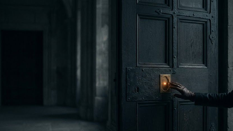 A dark, minimalist scene showing a glowing, arched doorway with a shadowy figure standing inside, partially reflected on a glossy floor, creating a mysterious and atmospheric mood.