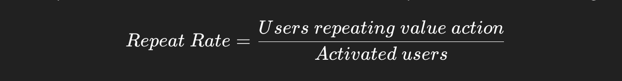 Formula on a black background: "Repeat Rate = Users repeating value action / Activated users".