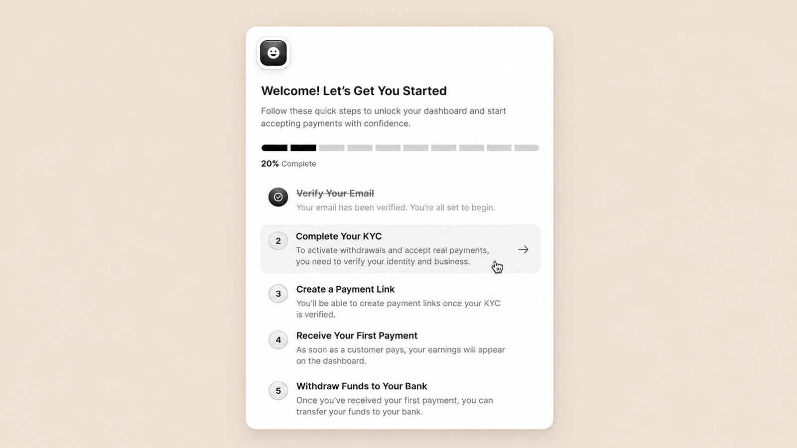 Four-step merchant onboarding checklist with setup progress indicators.