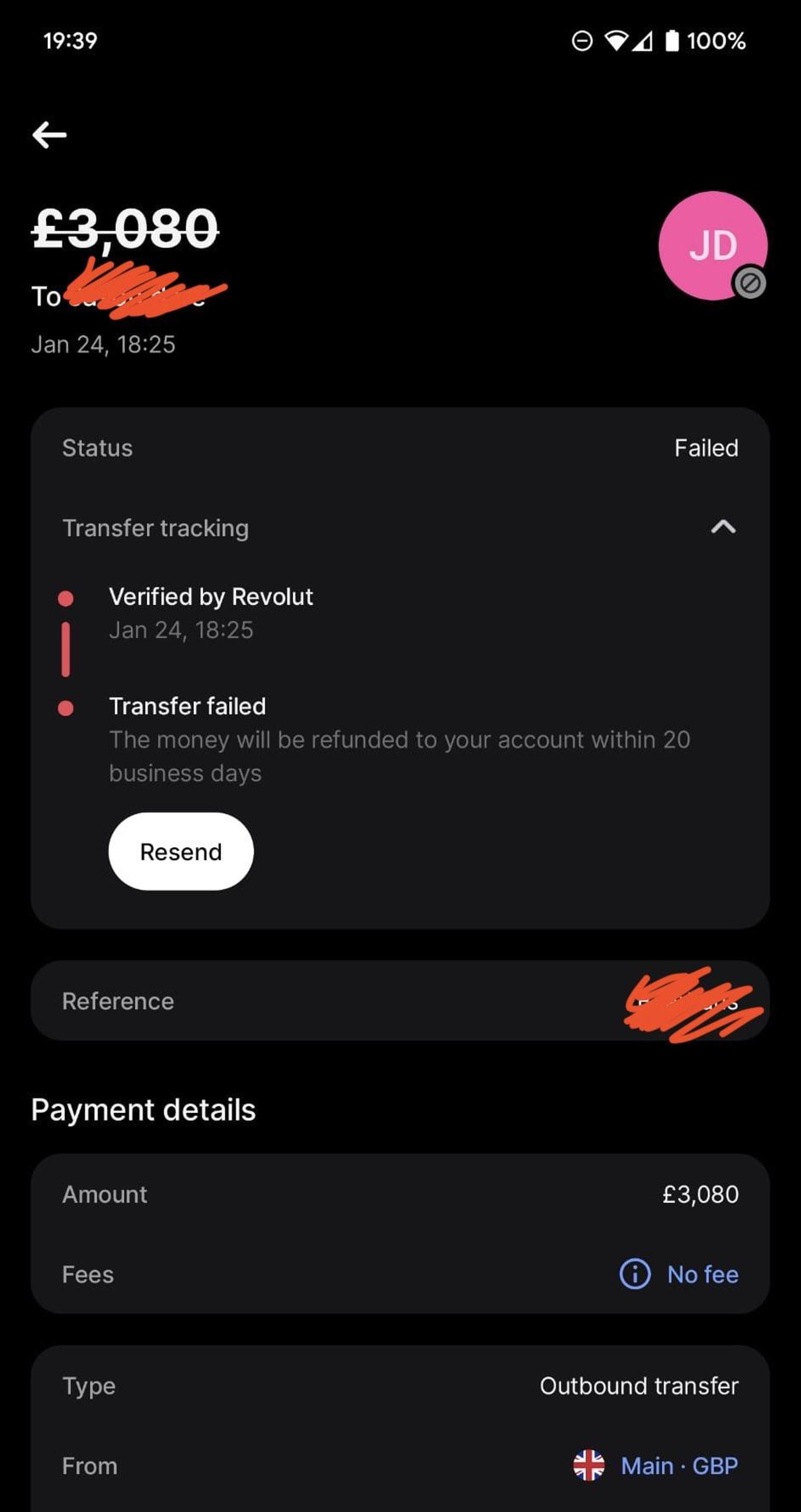 “Bank transfer details screen showing a £3,080 outbound transfer marked as failed, with transfer tracking, refund notice, resend option, and payment details.”