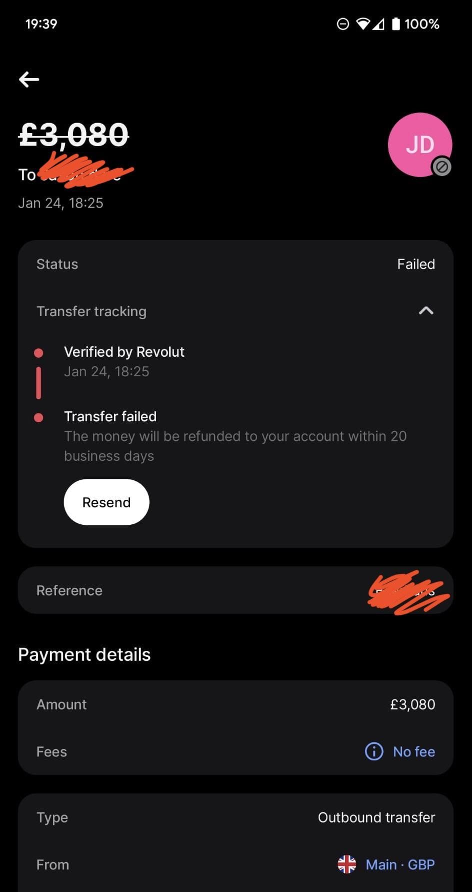 “Bank transfer details screen showing a £3,080 outbound transfer marked as failed, with transfer tracking, refund notice, resend option, and payment details.”