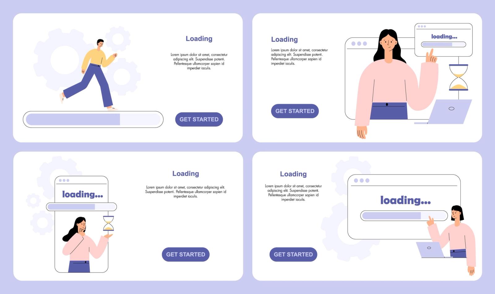 Four illustrations show people interacting with loading screens and laptops, featuring "Loading" text, gears, and "Get Started" buttons.