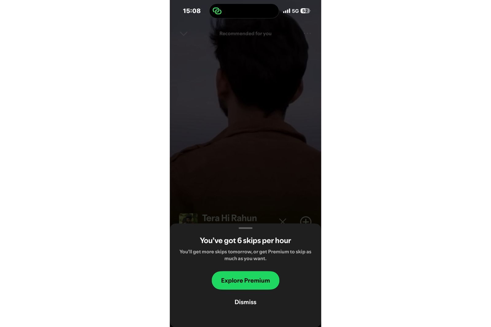 Spotify displays a Premium upgrade prompt after a free user exhausts the six-skips-per-hour limit, offering unlimited skips as the solution.