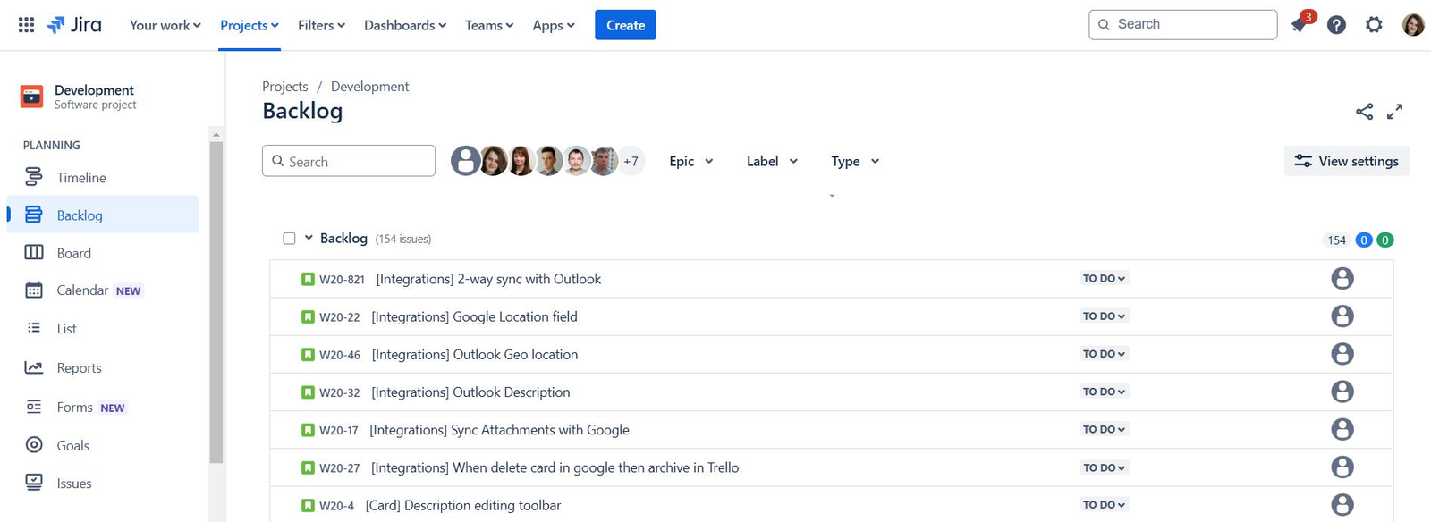 Jira backlog screen displaying software development tasks, sprint planning, and a queue of pending engineering tickets