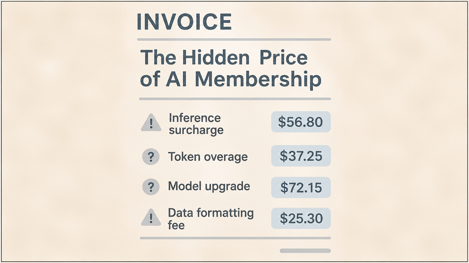 Invoice-style graphic titled “The Hidden Price of AI Membership,” listing four charges: Inference surcharge $56.80, Token overage $37.25, Model upgrade $72.15, and Data formatting fee $25.30, on a light cream background.