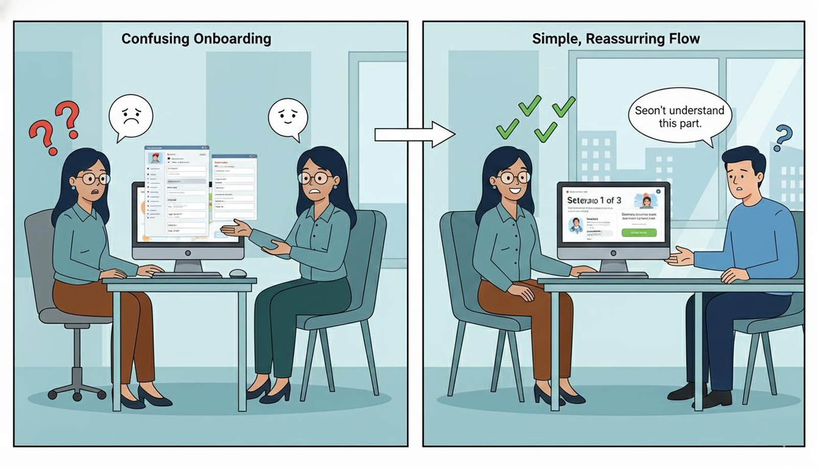 Comparison of confusing onboarding versus simple user-friendly onboarding flow showing improved clarity, guidance, and user understanding