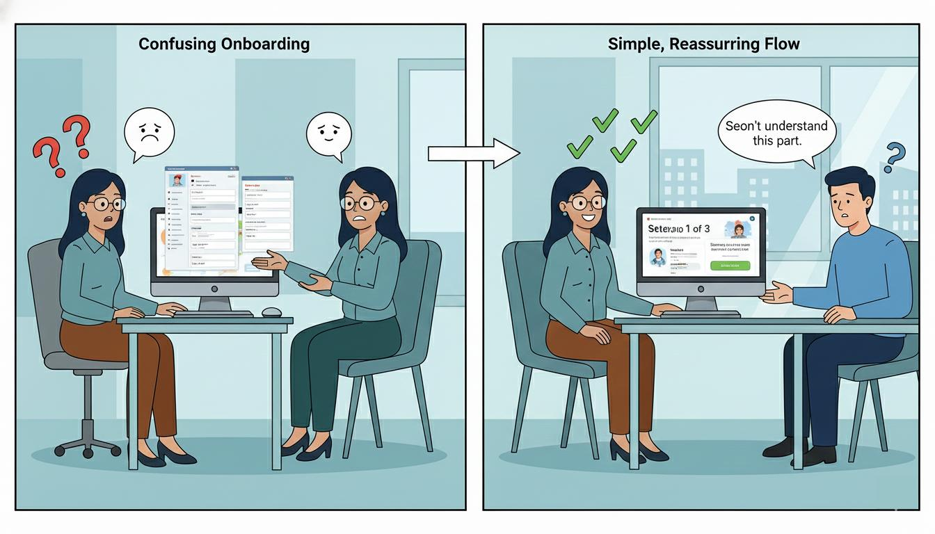 Comparison of confusing onboarding versus simple user-friendly onboarding flow showing improved clarity, guidance, and user understanding