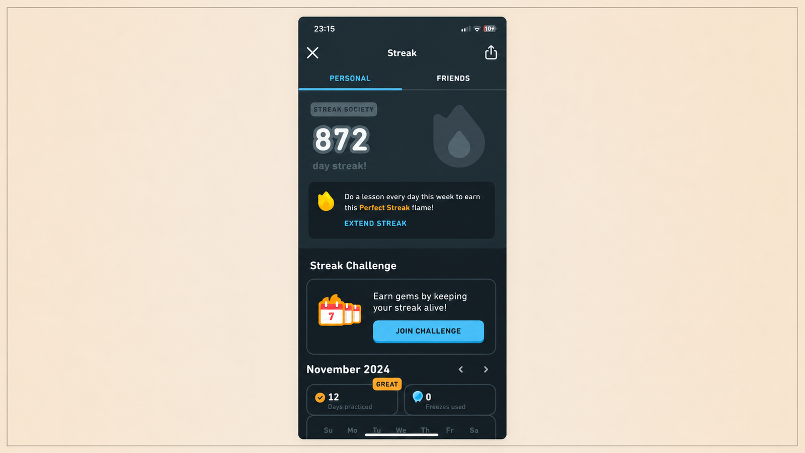 Daily streak feature encouraging users to return and maintain consistent app usage
