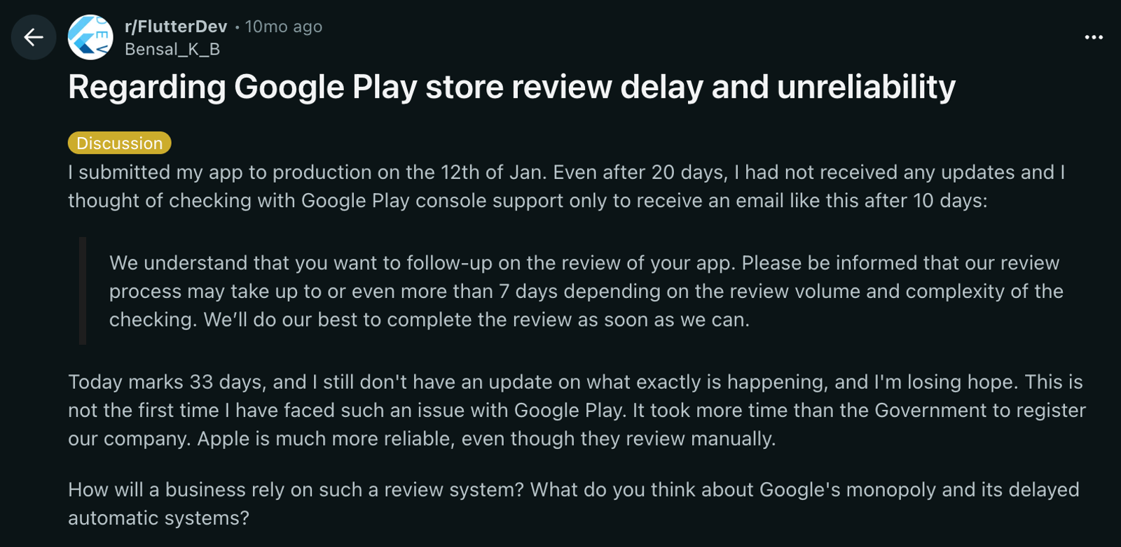 Reddit post from r/FlutterDev describing a 33-day Google Play review delay, used to highlight the unreliability of app store submission timelines