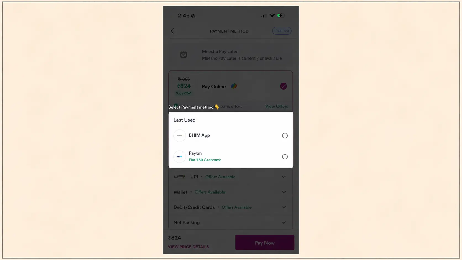 A mobile payment interface displaying a payment method selection overlay during checkout. A bottom sheet lists recently used payment apps, including BHIM App and Paytm, with cashback offers and radio buttons for quick selection. The dimmed background shows additional payment options such as UPI, wallets, cards, and net banking, while the interface emphasizes a streamlined, low-friction payment experience with contextual offers to encourage purchase completion.