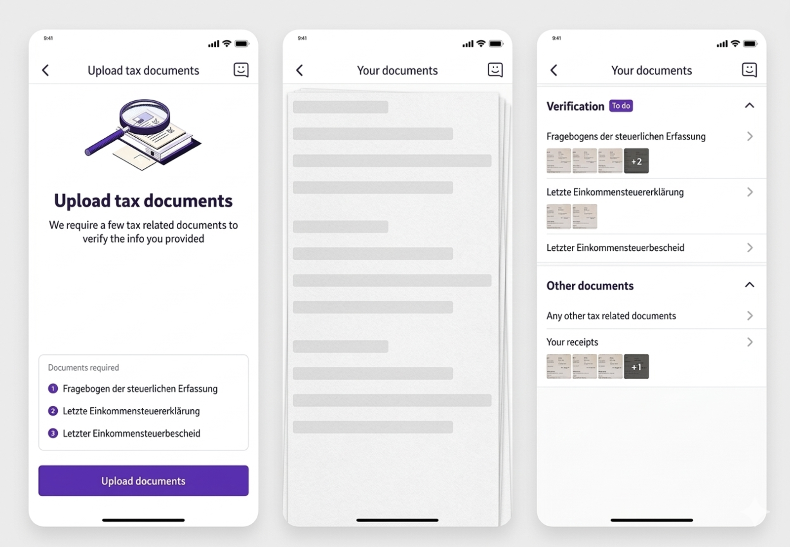 Three smartphone screens showing a tax document upload app interface. Instructions, document lists, and upload buttons are visible.