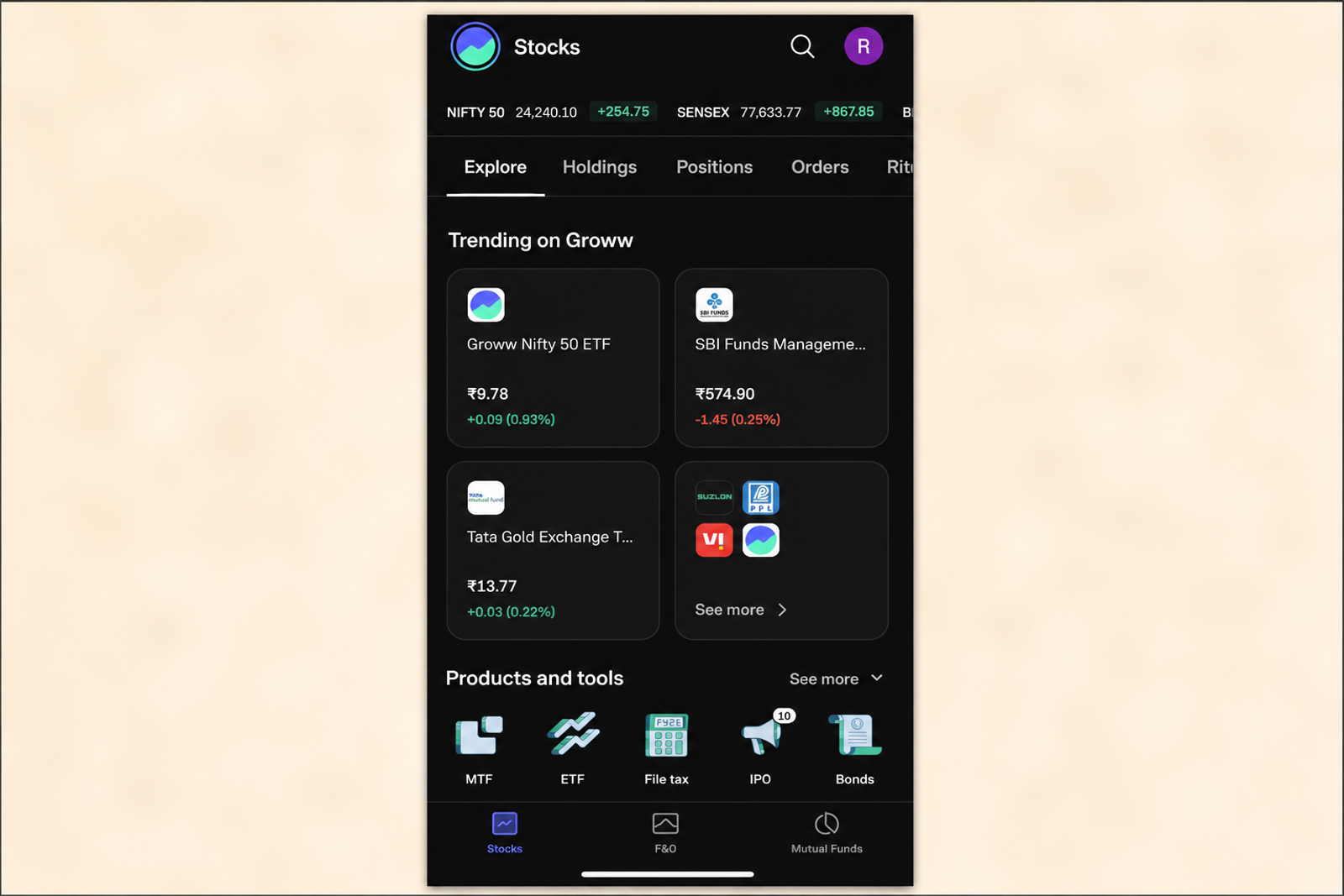 Original mutual funds mobile app screenshot displayed exactly as captured, centered on a soft cream-colored blurred background within a 16:9 canvas. A thin 0.75px black border outlines the outer edge of the final image only. The screenshot itself remains completely unchanged, preserving all original interface elements, text, icons, colors, layout, and proportions. The dark-themed app displays the Mutual Funds section with navigation tabs for Explore, Dashboard, SIPs, and Watchlist, a promotional banner encouraging users to start a SIP, a grid of popular mutual funds showing three-year returns, an upgrade-to-premium recommendation banner, and a bottom navigation bar with sections for Stocks, F&O, Mutual Funds, and Loans.
