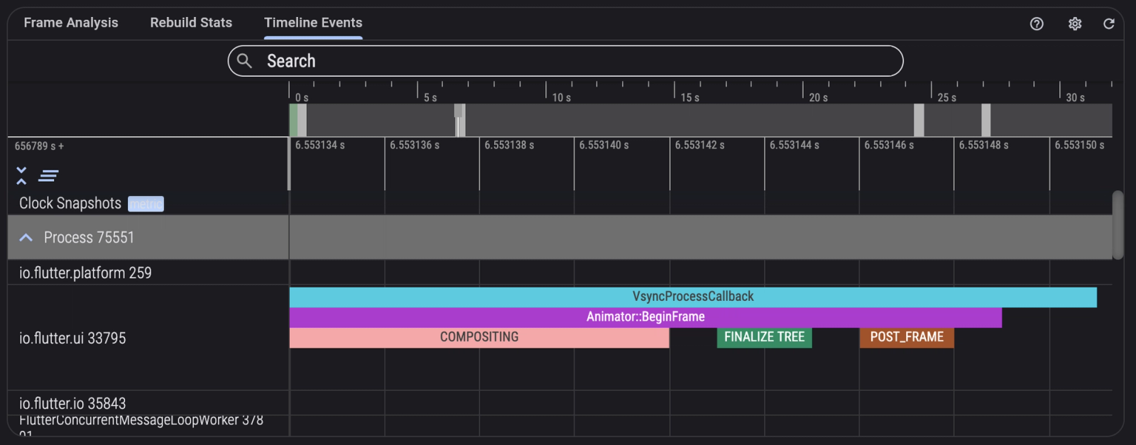 Dark interface showing a timeline chart with bars labeled "VsyncProcessCallback," "Animator::BeginFrame," and others. Search bar at top.