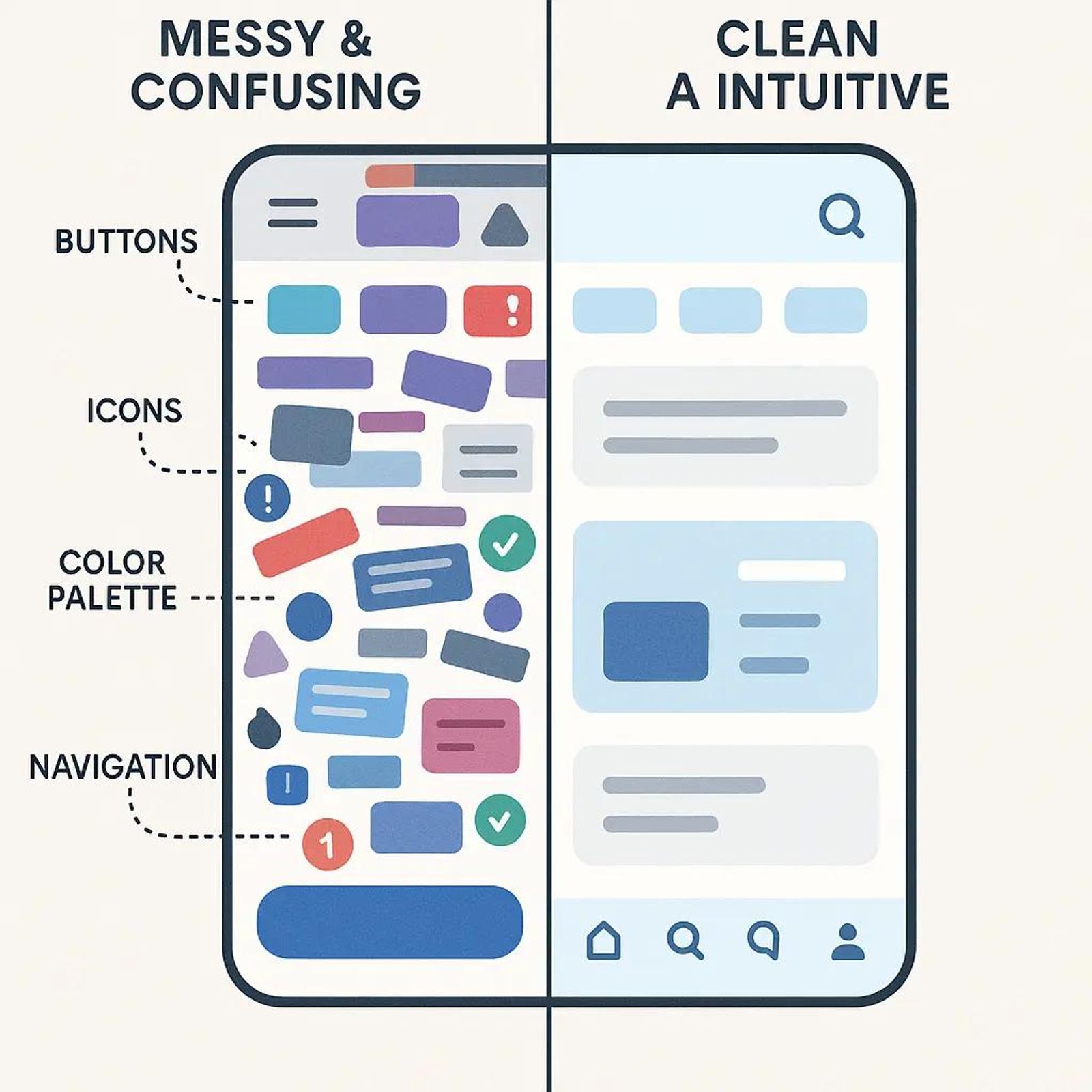 Split screen illustration comparing two UIs: left messy and colorful; right clean, intuitive. Labeled buttons, icons, colors, navigation.