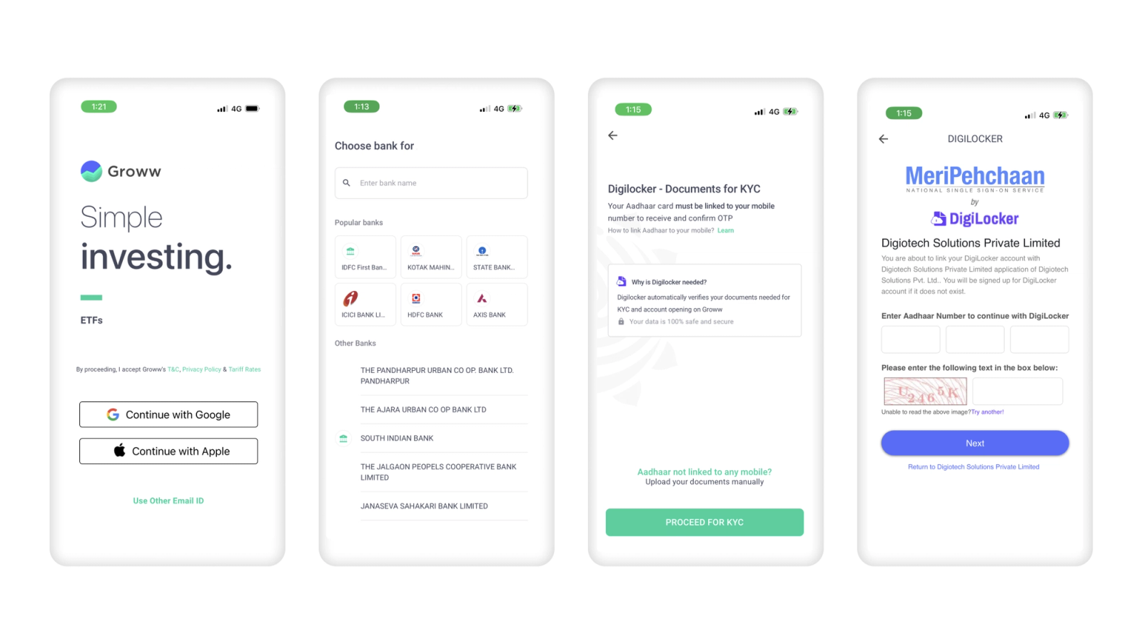 Four smartphone screens show Groww app interfaces: login, bank selection, KYC document upload, and Aadhaar verification via DigiLocker.