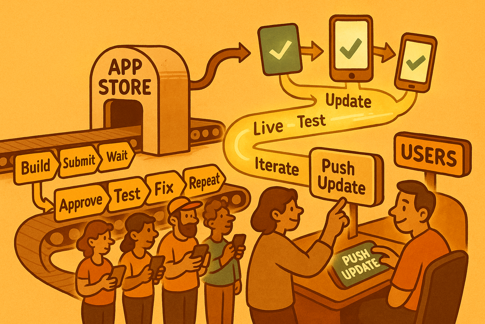 Diagram comparing traditional app store release cycle with server-driven UI live testing, showing faster iteration without app store submissions