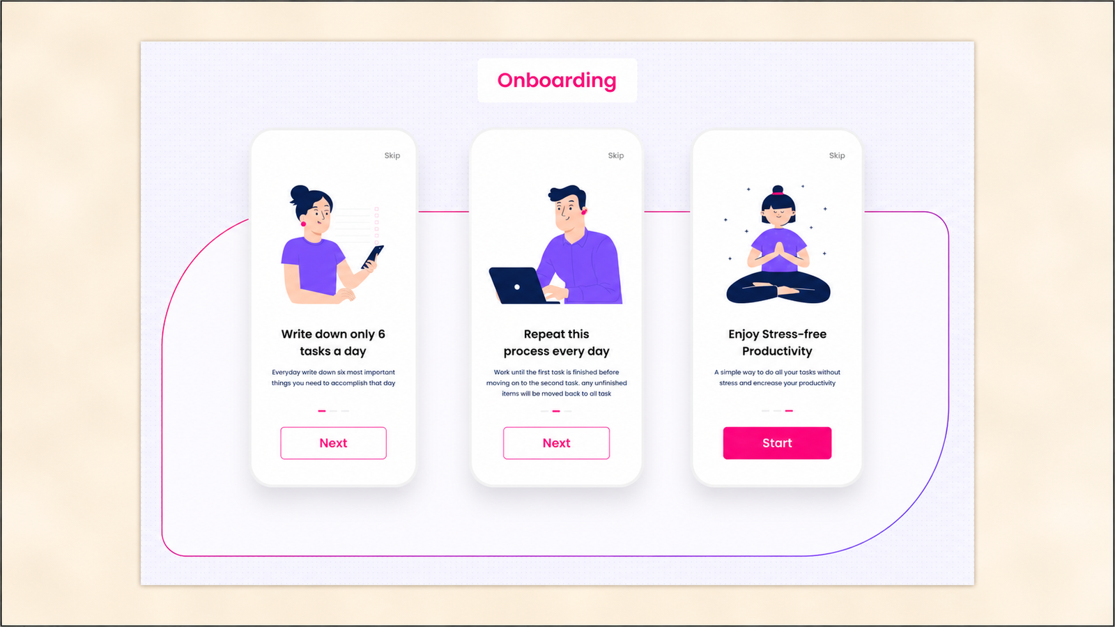 Action-first onboarding experience encouraging users to complete their first task immediately.