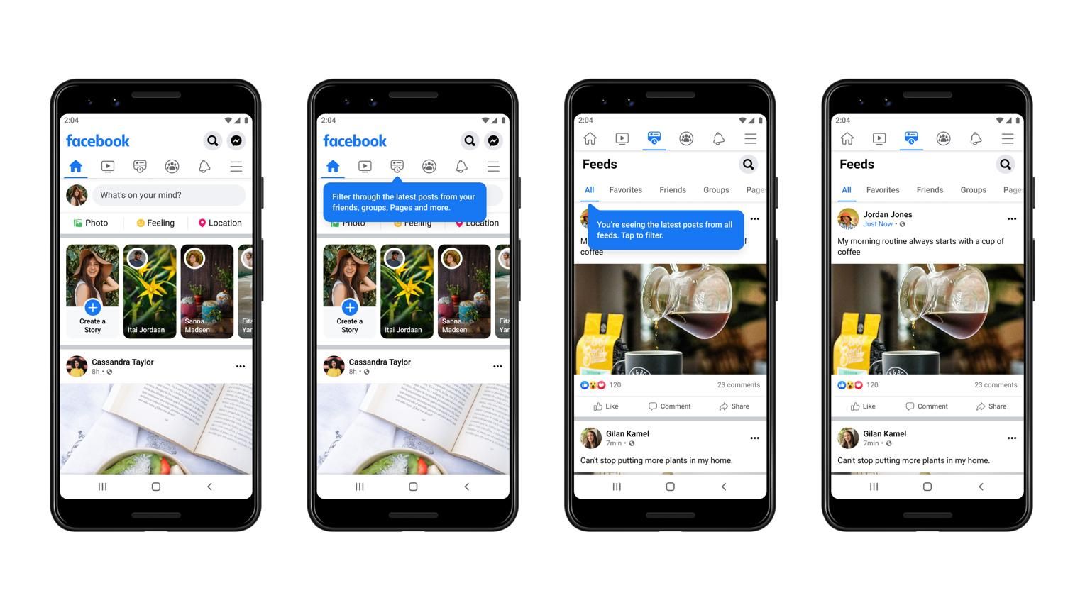 Facebook mobile feed interface displayed across multiple Android devices, highlighting UI rendering consistency and performance across devices.