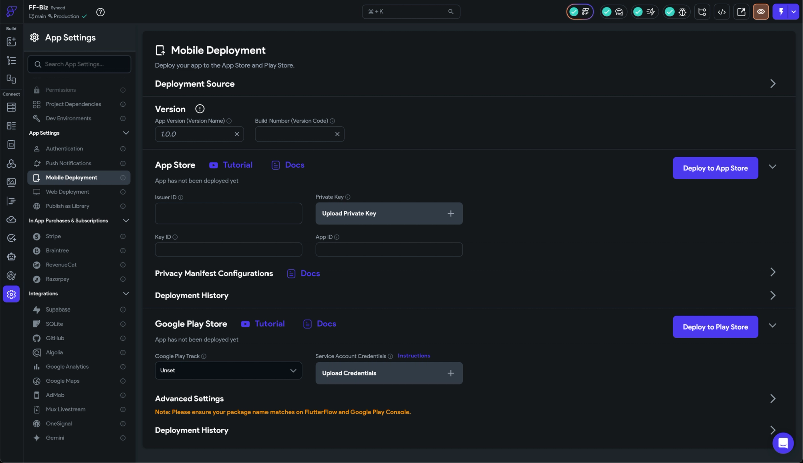 Mobile deployment settings screen showing options to configure app version, App Store and Google Play credentials, upload keys, and deploy the app to stores, along with advanced settings and deployment history sections.