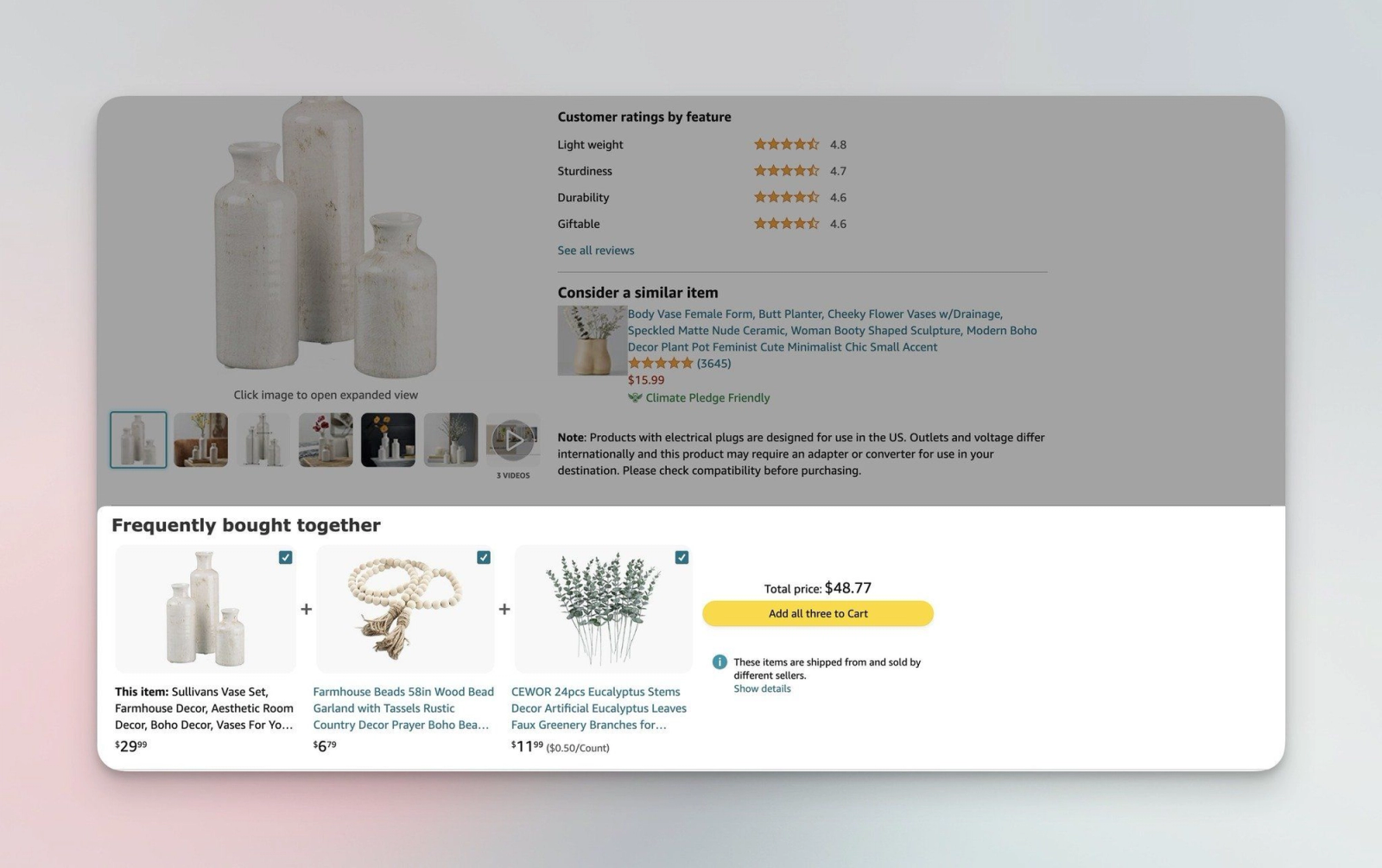 Amazon product page displaying a "Frequently Bought Together" section beneath a decorative vase listing. The bundle includes the featured vase set, wooden bead garlands, and artificial eucalyptus stems, with checkboxes for each item, a combined price, and a single "Add all three to Cart" button designed to encourage bundled purchases.