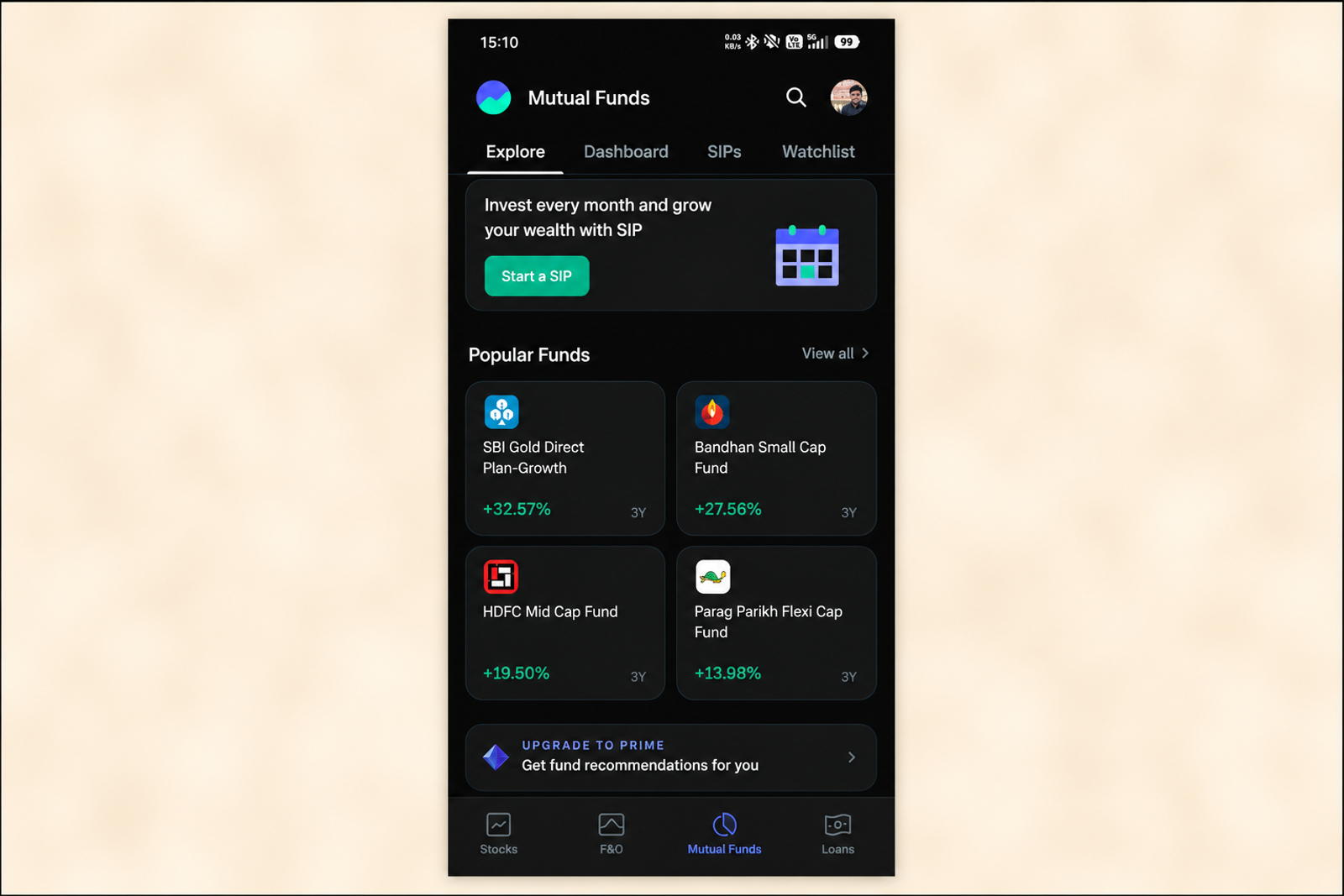 Original mutual funds mobile app screenshot displayed exactly as captured, centered on a soft cream-colored blurred background within a 16:9 canvas. A thin 0.75px black border outlines the outer edge of the final image only. The screenshot itself remains completely unchanged, preserving all original interface elements, text, icons, colors, layout, and proportions. The dark-themed app displays the Mutual Funds section with navigation tabs for Explore, Dashboard, SIPs, and Watchlist, a promotional banner encouraging users to start a SIP, a grid of popular mutual funds showing three-year returns, an upgrade-to-premium recommendation banner, and a bottom navigation bar with sections for Stocks, F&O, Mutual Funds, and Loans.