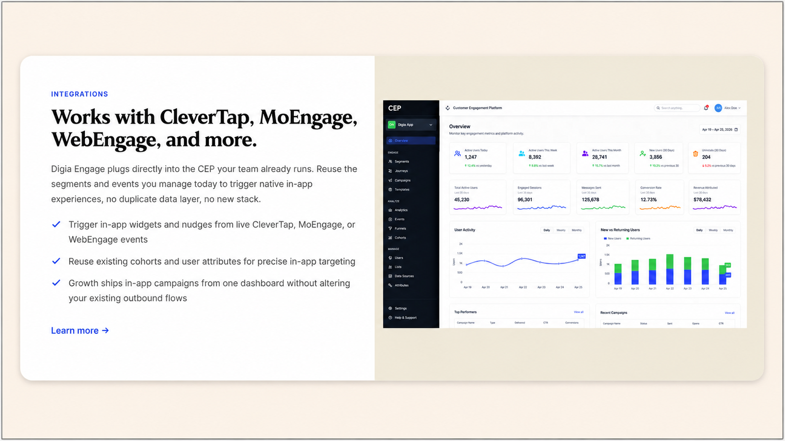 Digia Engage integrations section showing compatibility with CleverTap, MoEngage, WebEngage, and other customer engagement platforms, alongside a customer engagement platform dashboard interface. The section highlights triggering native in-app experiences from existing events, reusing user cohorts and attributes for targeting, and launching in-app campaigns without changing existing outbound workflows.