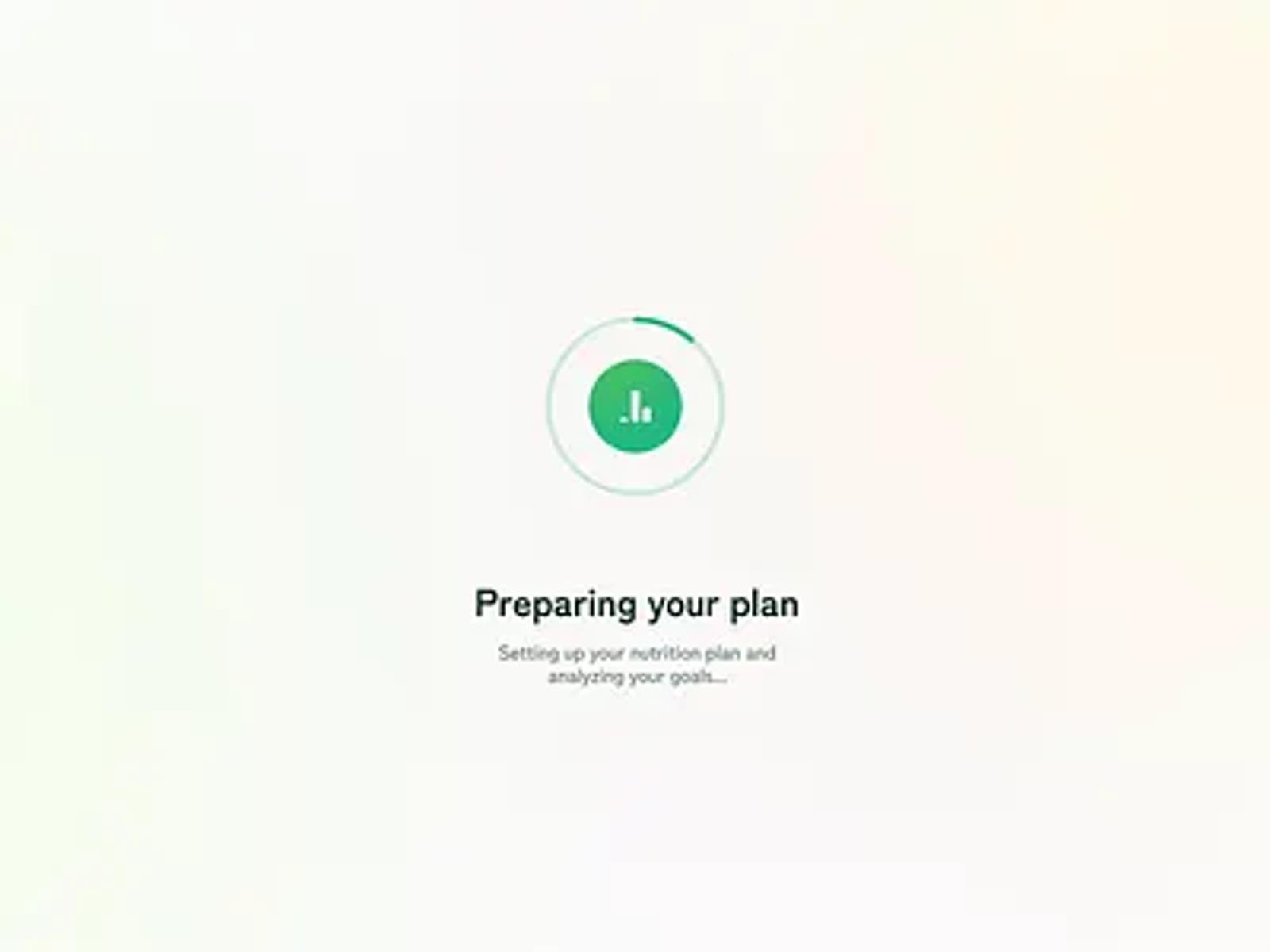 Green progress icon on light background with text: Preparing your plan. Setting up nutrition plan and analyzing your goal.