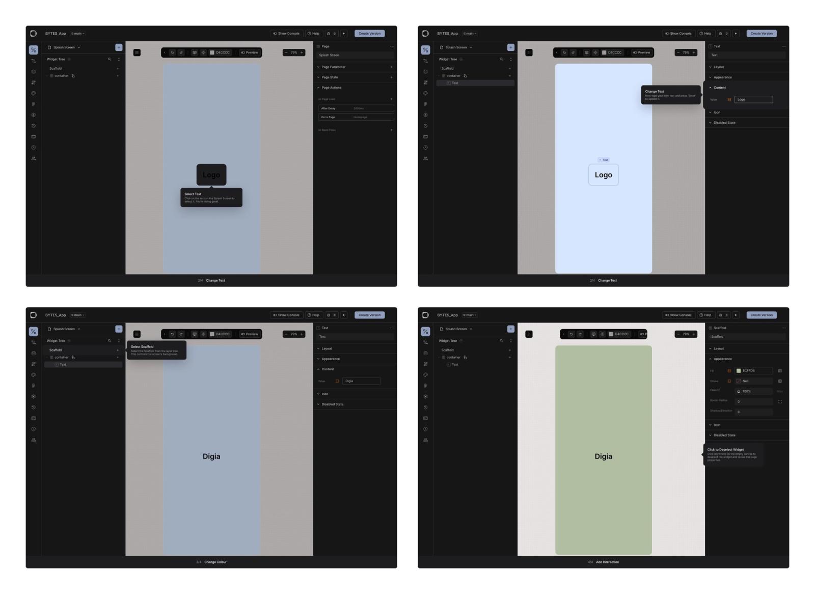 Four software design interface screens show changes to text and color, featuring "Logo" and "Digia" with tooltips. Backgrounds vary in blue and green.