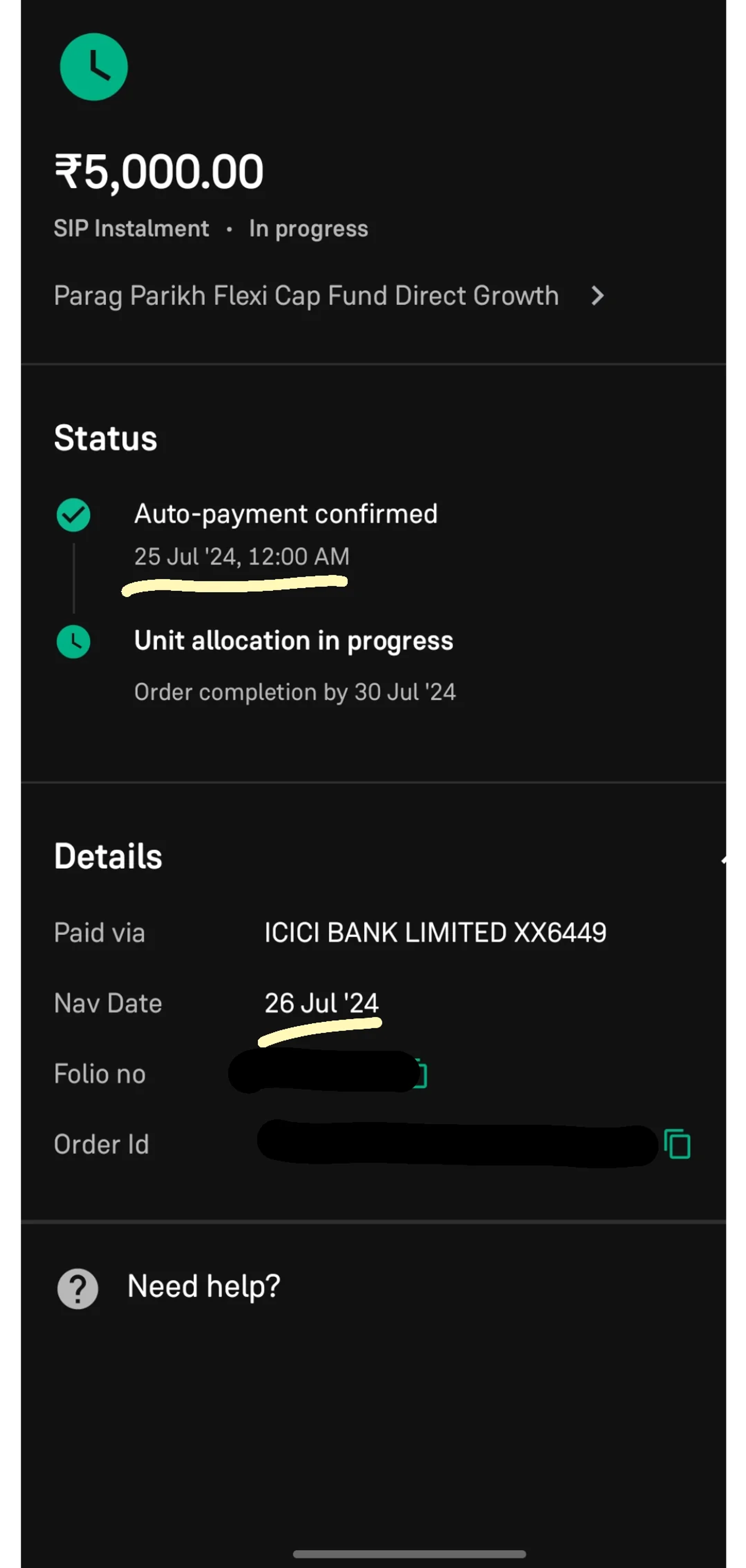 “Investment app screen showing a ₹5,000 SIP installment in progress for a flexi cap mutual fund, with auto-payment confirmed and unit allocation pending, along with payment and NAV date details.”