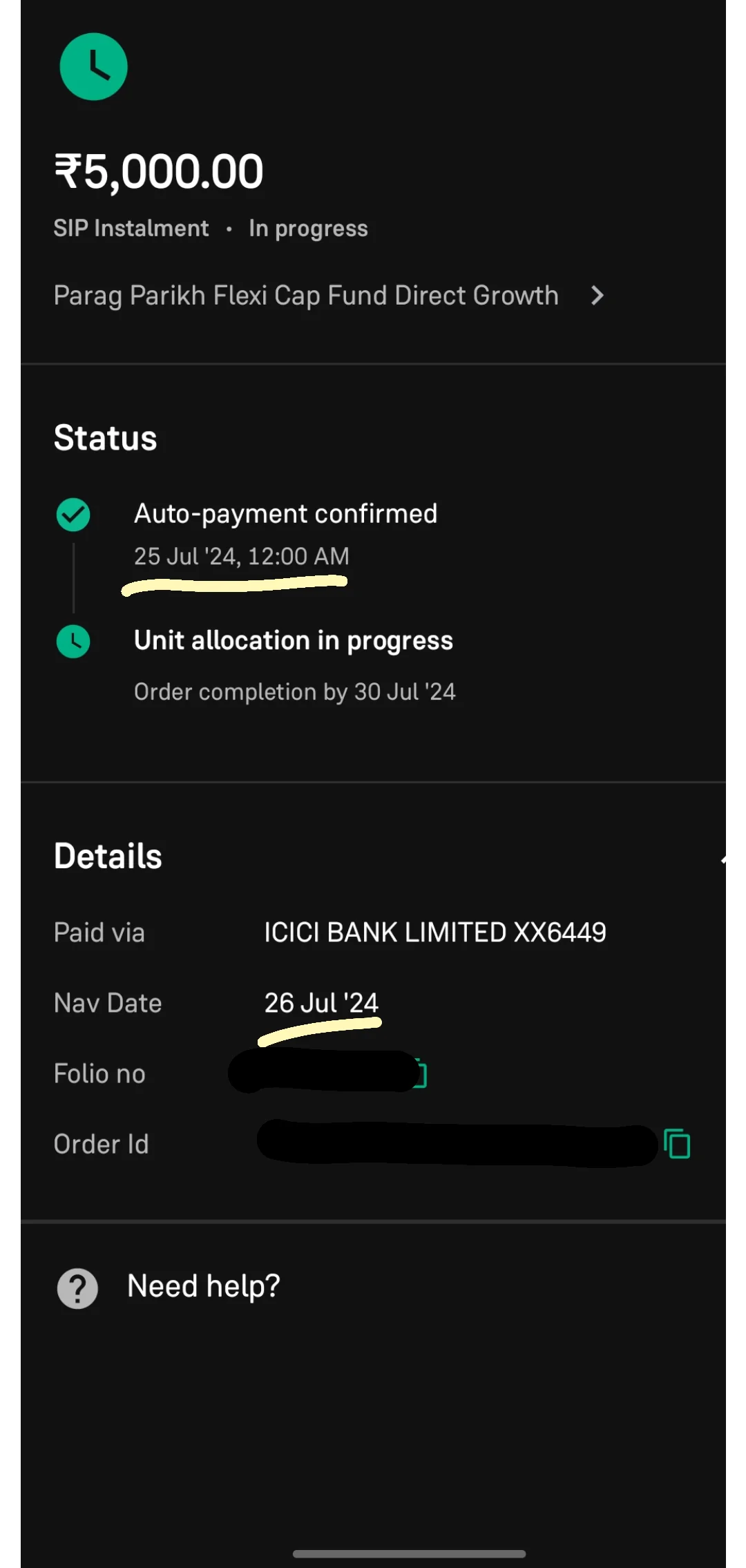 “Investment app screen showing a ₹5,000 SIP installment in progress for a flexi cap mutual fund, with auto-payment confirmed and unit allocation pending, along with payment and NAV date details.”