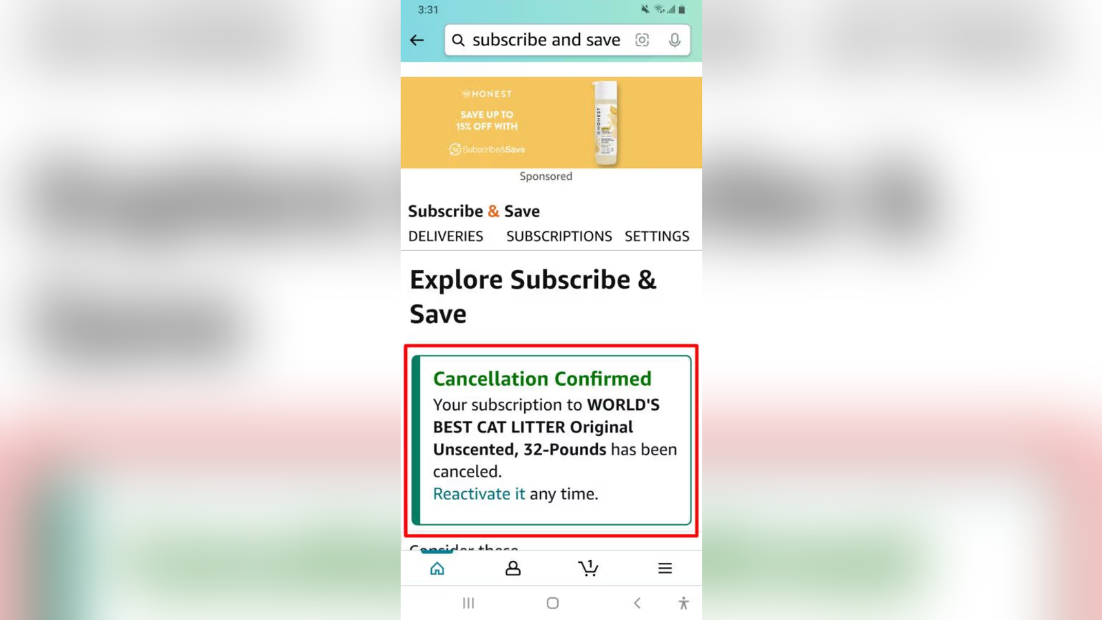 Amazon Subscribe & Save mobile page showing a cancelled recurring subscription. A highlighted confirmation message states that the subscription for a cat litter product has been cancelled, with an option to reactivate it later. The screen also includes navigation tabs for deliveries, subscriptions, and account settings.