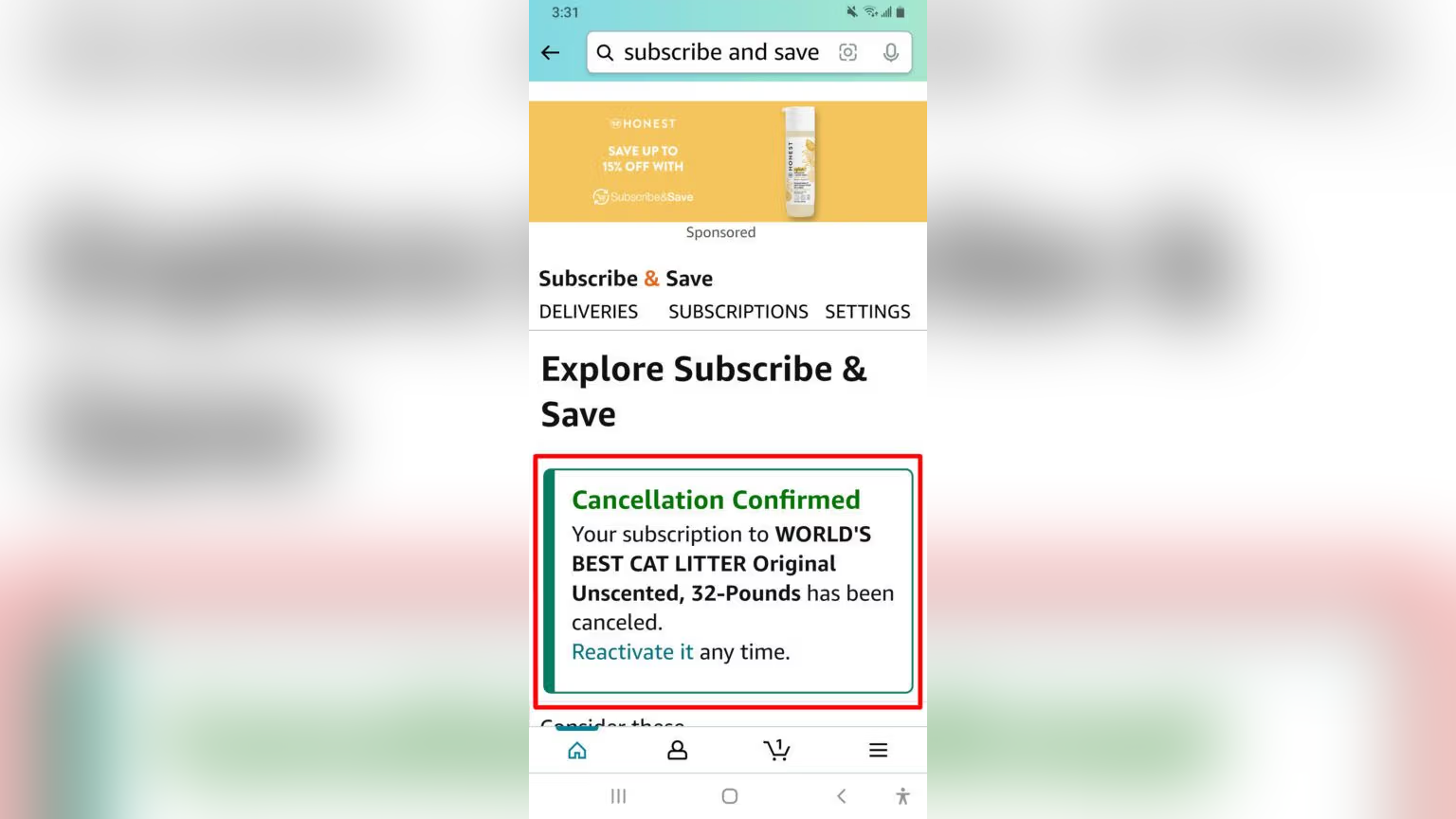 Amazon Subscribe & Save mobile page showing a cancelled recurring subscription. A highlighted confirmation message states that the subscription for a cat litter product has been cancelled, with an option to reactivate it later. The screen also includes navigation tabs for deliveries, subscriptions, and account settings.