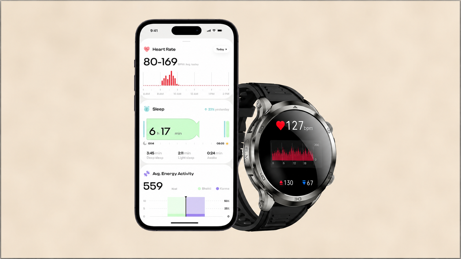 Original smartphone and smartwatch health monitoring image displayed exactly as captured, centered on a soft cream-colored blurred background within a 16:9 canvas. A thin 0.75px black border outlines the outer edge of the final image only. The original image remains completely unchanged, preserving all colors, interface elements, text, and proportions. It shows a smartphone displaying health and wellness metrics, including heart rate, sleep duration, and energy activity, positioned beside a round smartwatch displaying a live heart rate of 127 bpm with a heart rate graph, against a neutral gray background.