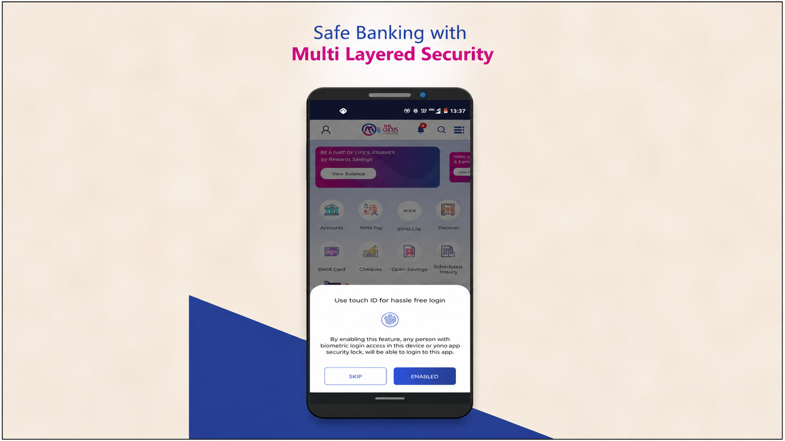 Mobile banking app screen promoting “Safe Banking with Multi Layered Security,” showing a Touch ID biometric fingerprint login prompt over banking services such as accounts, transfers, bill payments, deposits, debit cards, cheques, and transaction inquiries.